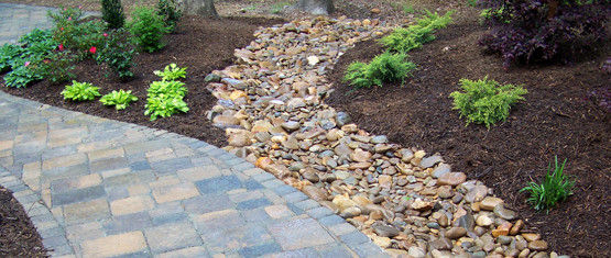 Stone paver path beside a winding dry creek bed garden.