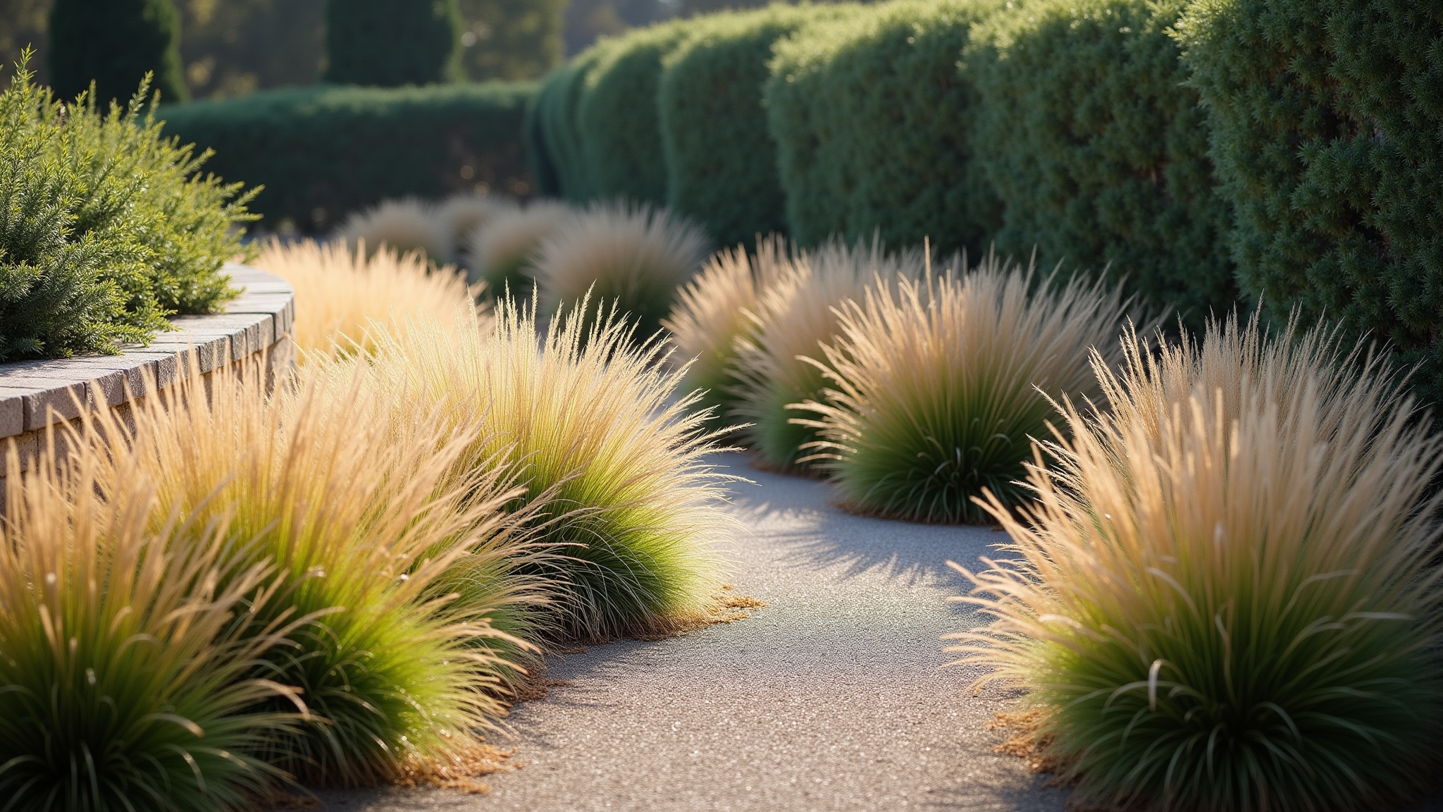Stone path lined with ornamental grasses and green hedges
