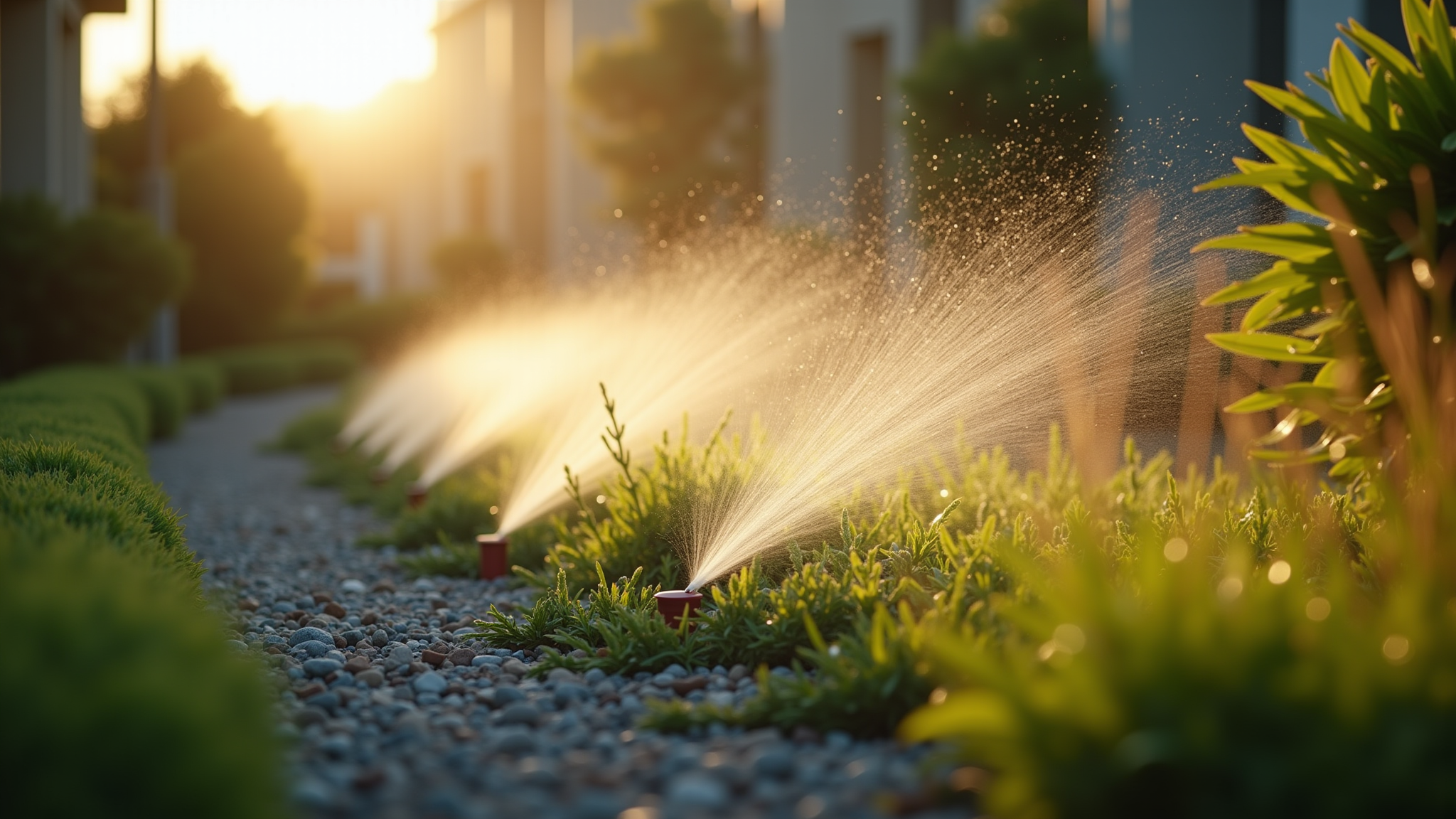 Lawn sprinkler system watering garden at sunset