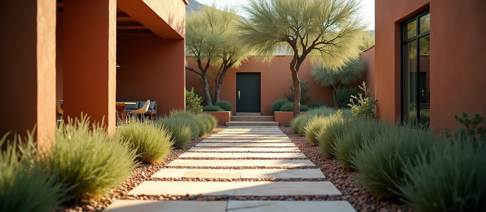 Modern desert home courtyard with stone path and native plants